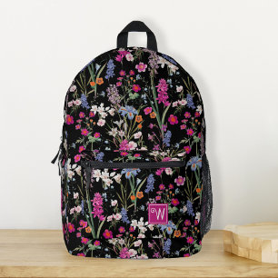 Modern Colourful Floral Pattern Black Custom Name Printed Backpack