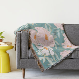 Modern colourful floral pattern blue background throw blanket
