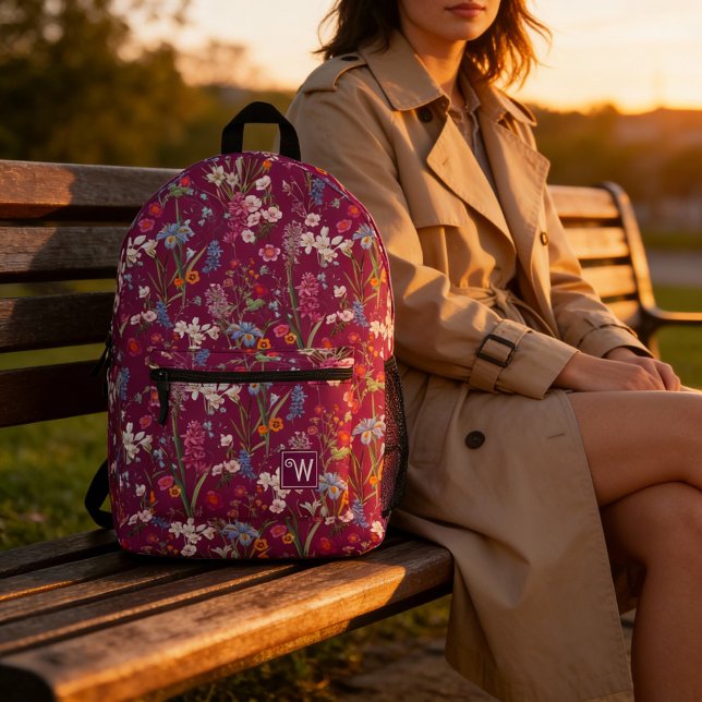 Modern Colourful Floral Pattern Purple Monogram Printed Backpack (The pretty and elegant purple, violet multi-floral backpack for modern women. A practical backpacks.)
