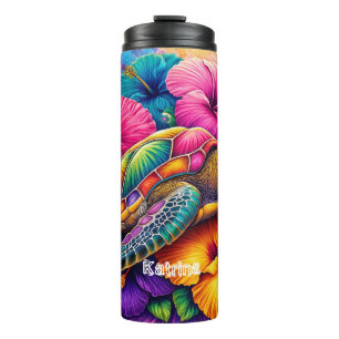 Modern Colourful Floral Turtle Personalised Name  Thermal Tumbler