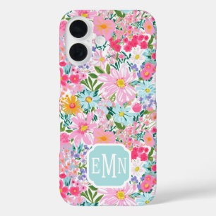 Modern Colourful Flower Garden Monogrammed iPhone 16 Case