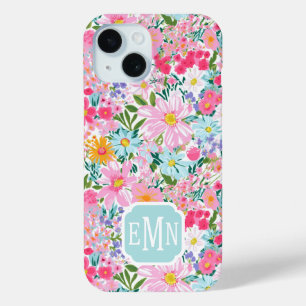 Modern Colourful Flower Garden Monogrammed iPhone 15 Case