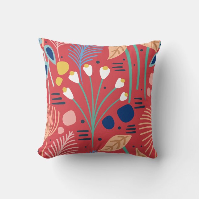Modern Colourful Foliage Floral Pattern Red Cushion (Front)