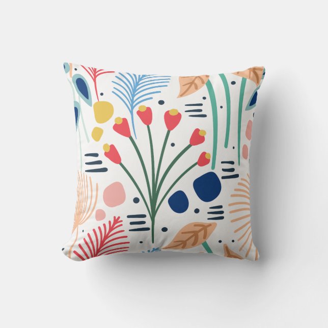 Modern Colourful Foliage Floral Pattern White Cushion (Front)