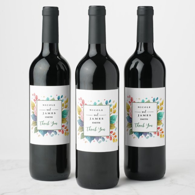 Modern Colourful Fowers Watercolor Wine Label (Bottles)