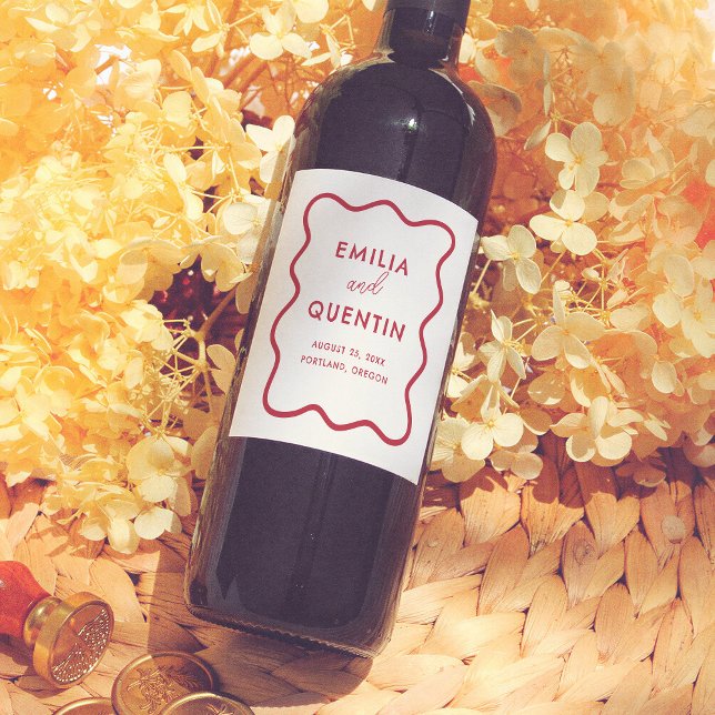 Modern Colourful Funky Wavy Frame Retro Wedding Wine Label (Creator Uploaded)