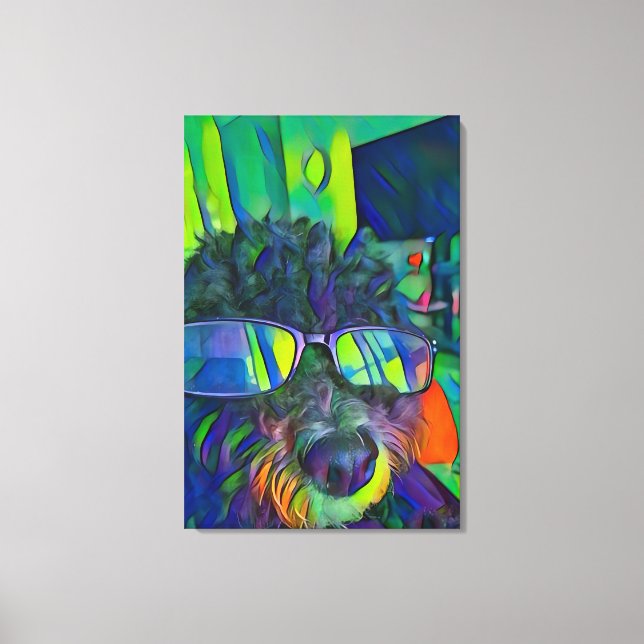 Modern Colourful Funny Goldendoodle Dog With Glass Canvas Print (Front)