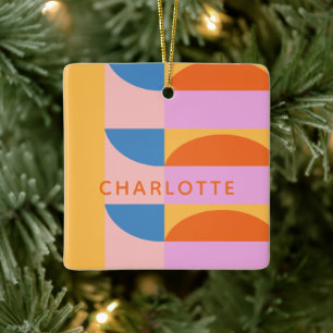 Modern Colourful Geometric Shapes Personalised Ceramic Ornament