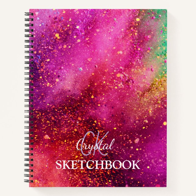 Modern Colourful Glitter Art Monogram Sketchbook Notebook (Front)