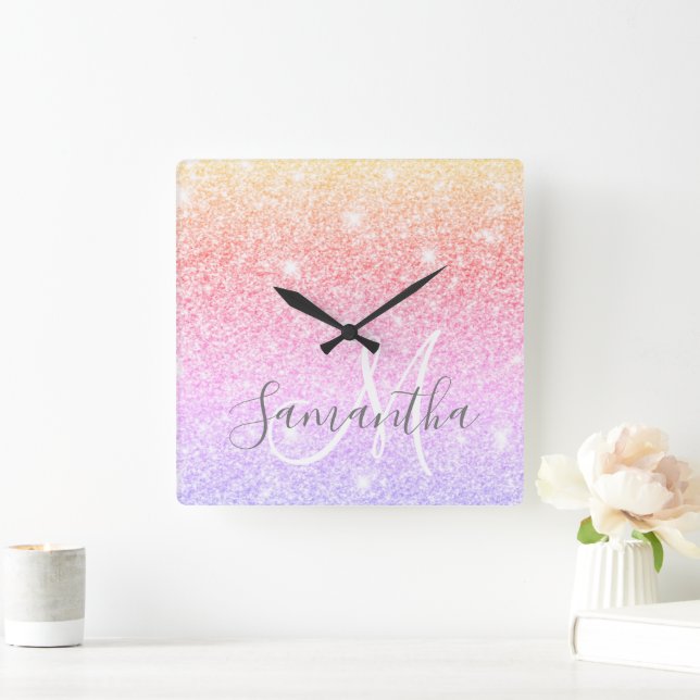 Modern Colourful Glitter Sparkles Personalised Nam Square Wall Clock (Home)