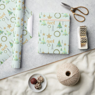 Modern Colourful Gold Pine Tree Watercolor Pattern Wrapping Paper