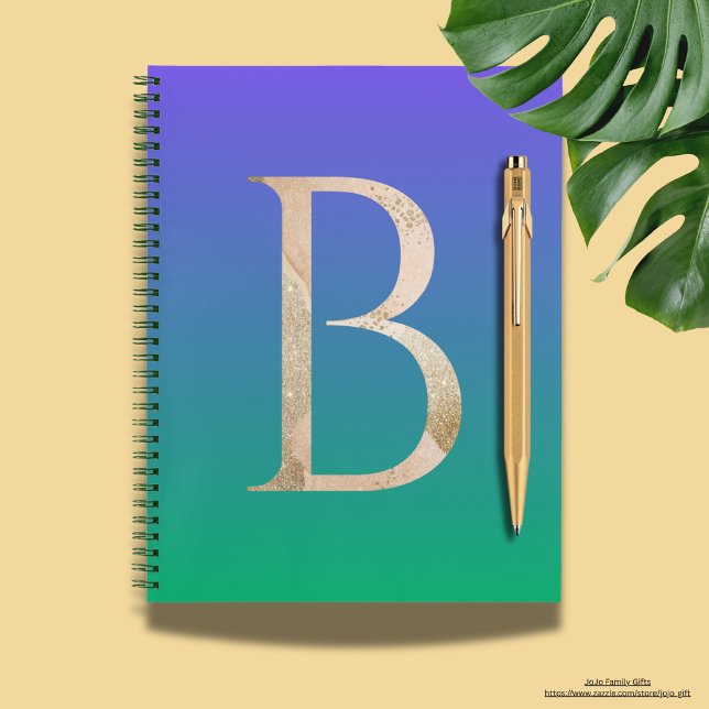 Modern colourful gradient in blue and green notebook (Colorful gradient background in blue and green with big letter B. Glitter notebooks for her.)