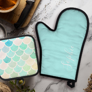 Modern Colourful Green Mermaid Seamless Pattern Oven Mitt & Pot Holder Set