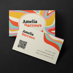 Modern Colourful Groovy Retro 70s design QR code Business Card
