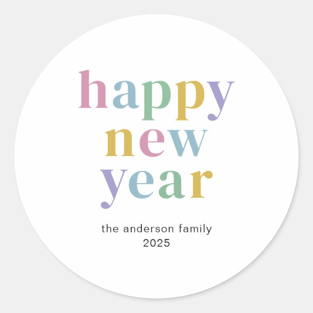 Modern Colourful Happy New Year Typography Classic Round Sticker (Front)