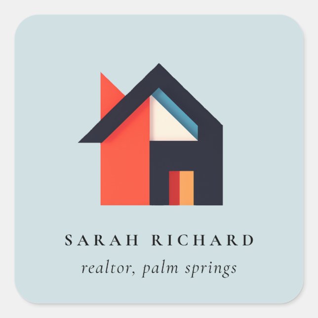 Modern Colourful House Logo Realtor Blue Red Orang Square Sticker (Front)