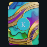 Modern Colourful Jewel Abstract & Gold Monogram iPad Pro Cover<br><div class="desc">This design features a beautiful,  colourful design with turquoise,  purple,  blue,  and green swirled with faux metallic gold. The centre holds a monogram initial. The design appears three dimensional. Super unique and fun,  it is definitely one of a kind! Created by Simply Farmhouse Press.</div>