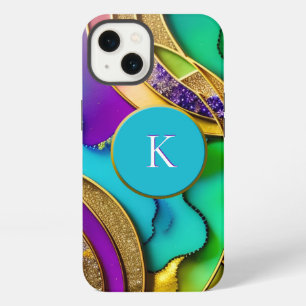 Modern Colourful Jewel Abstract & Gold Monogram iPhone 13 Case