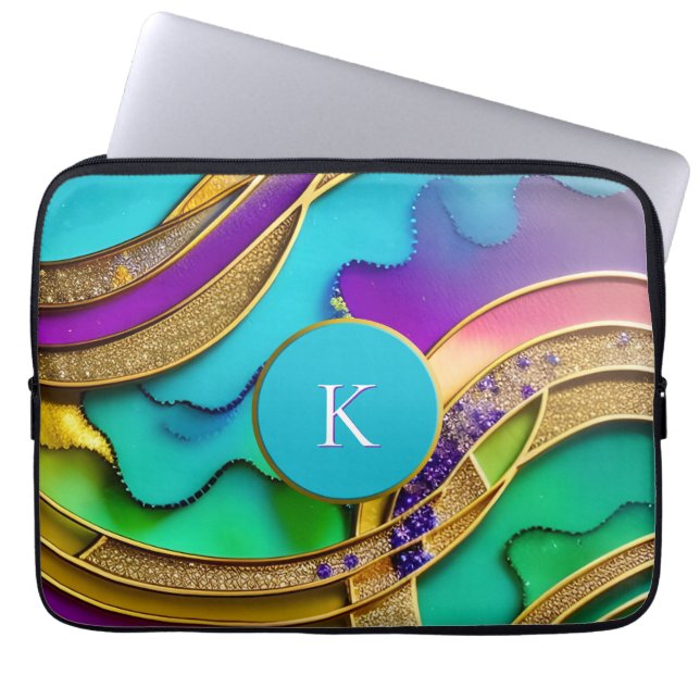 Modern Colourful Jewel Abstract & Gold Monogram Laptop Sleeve (Front)