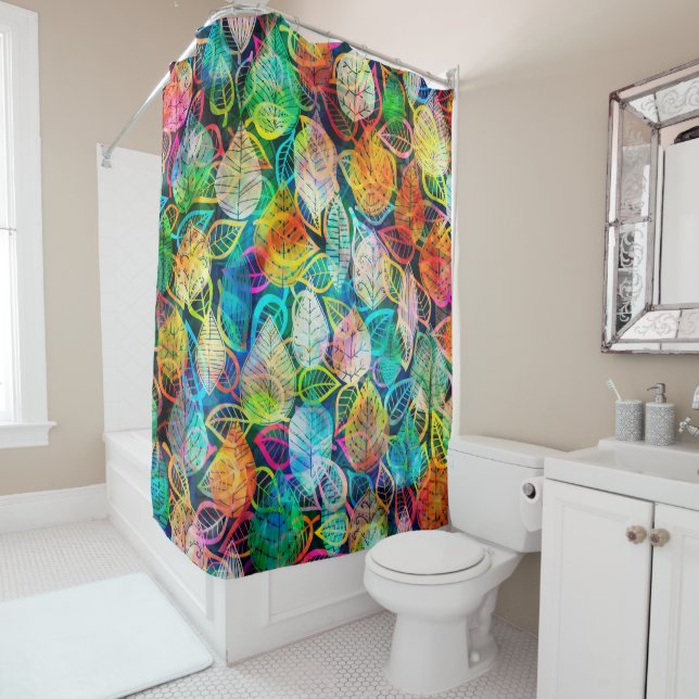 Modern Colourful Leafs Pattern Shower Curtain (In Situ)