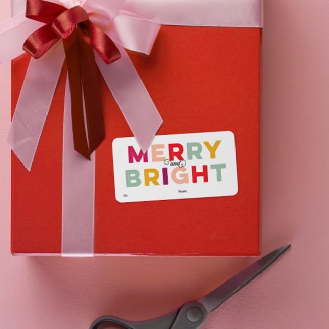 Modern Colourful Merry and Bright Gift Label (merry and bright gift tag labels in pink, yellow, purple, aqua and red on white)