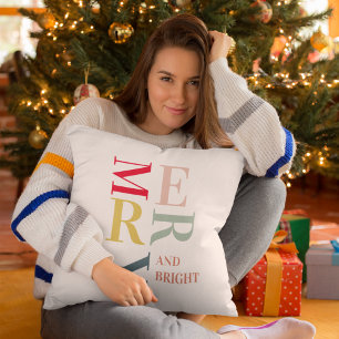 Modern Colourful Merry and Bright   Happy Holidays Cushion