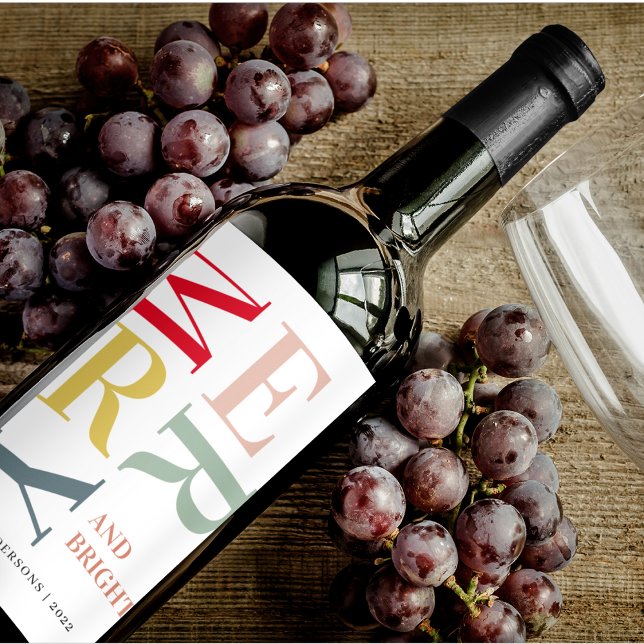 Modern Colourful Merry and Bright | Happy Holidays Wine Label (Creator Uploaded)