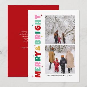Modern Colourful Merry & Bright 2 Photo Holiday Card