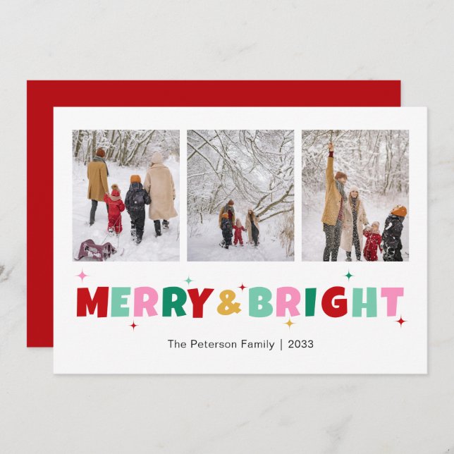Modern Colourful Merry & Bright 3 Photo Holiday Card (Front/Back)