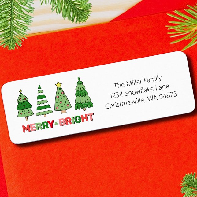 Modern Colourful Merry Bright Christmas Address (Modern Bold Trees Colorful Merry Bright Christmas label)