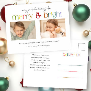 Modern Colourful Merry & Bright Typography 2-Photo Holiday Postcard