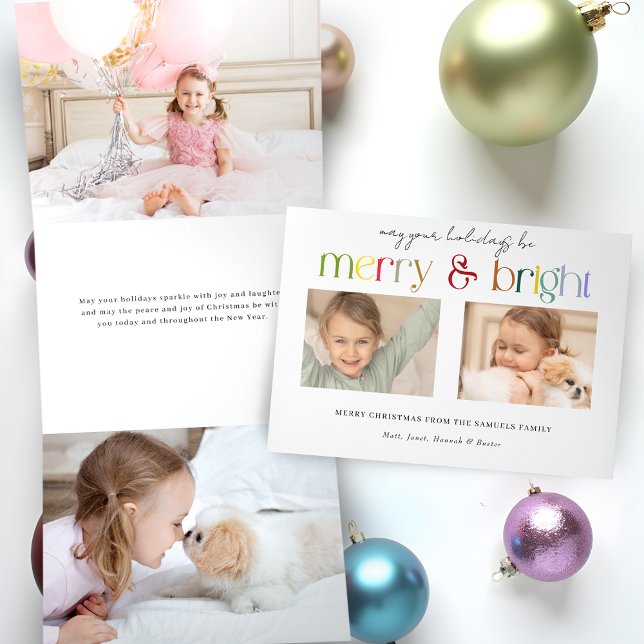 Modern Colourful Merry & Bright Typography 2-Photo Tri-Fold Holiday Card (Creator Uploaded)