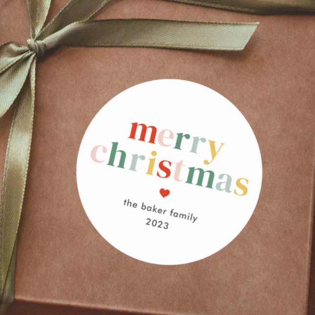 Modern Colourful Merry Christmas Classic Round Sticker (Colorful modern merry christmas gift tag sticker.)