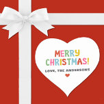 Modern Colourful Merry Christmas Heart Sticker<br><div class="desc">A colourful,  fun and festive Christmas heart shaped sticker. Personalise it with your name.</div>