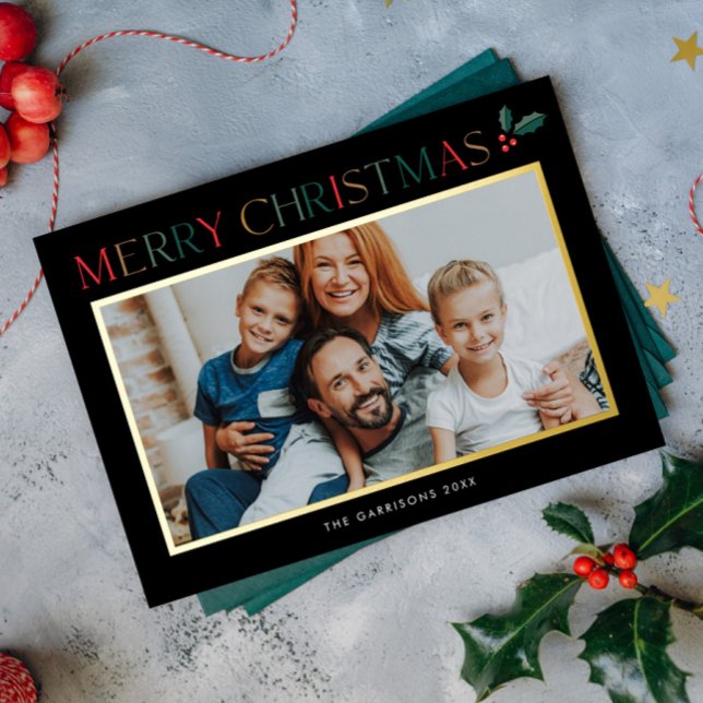 Modern Colourful Merry Christmas Photo  (Modern colorful 2 Photo Foil Christmas Holiday Card.)