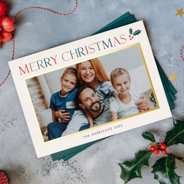 Modern Colourful Merry Christmas Photo  (Modern colorful 2 Photo Foil Christmas Holiday Card.)