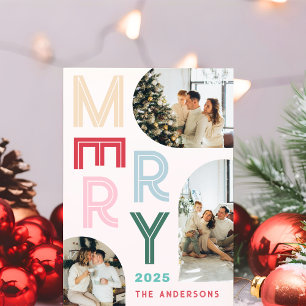 Modern Colourful Merry Typography Three Photo Arch Holiday Card