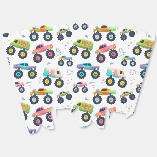 Modern Colourful Monster Car Trucks Kids Party Favour Box (Unfolded)