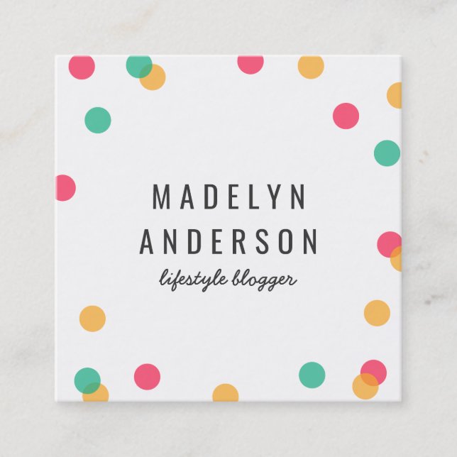 Modern Colourful Orange Pink Teal Confetti Square Business Card (Front)
