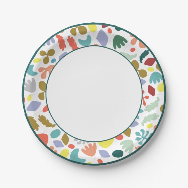 Modern Colourful Organic Patterned Green Border Paper Plate (Front)