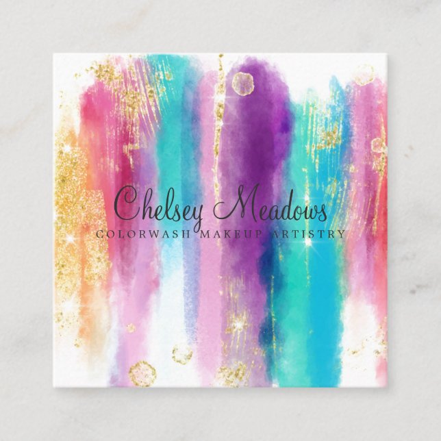Modern Colourful Painted Brushstrokes Glitter Square Business Card (Front)