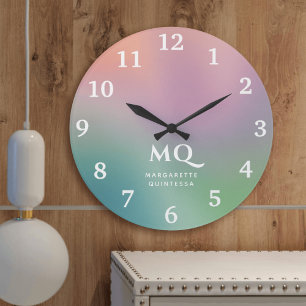 Modern Colourful Pastel and White Monogram Initial Round Clock
