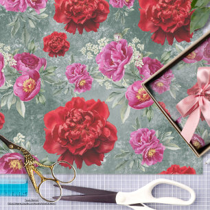 Modern colourful Peonies in red Grunge Decoupage Tissue Paper