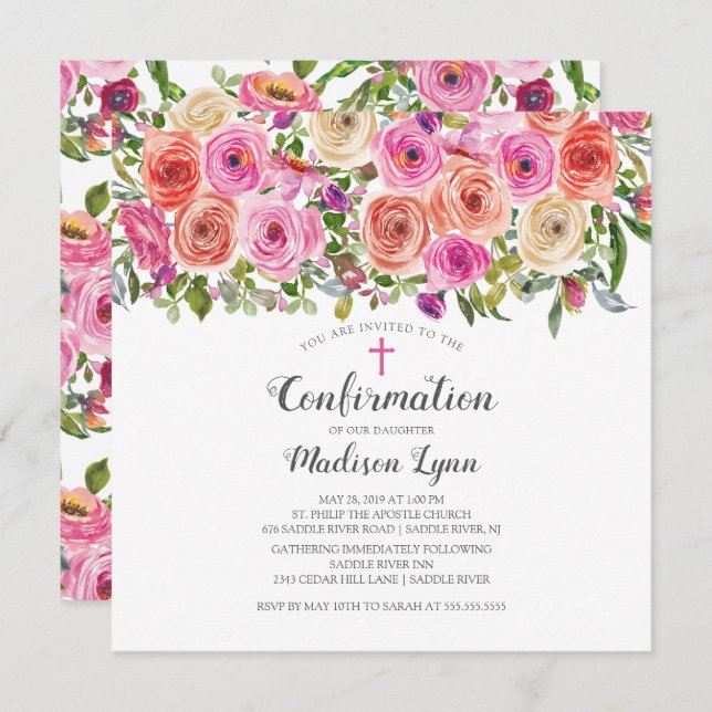 Modern Colourful Pink Floral Confirmation Invitation (Front/Back)