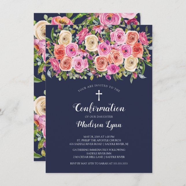 Modern Colourful Pink Floral CONFIRMATION Invitation (Front/Back)