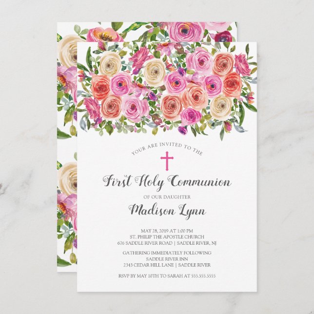 Modern Colourful Pink Floral First Holy Communion Invitation (Front/Back)