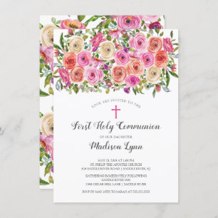 Modern Colourful Pink Floral First Holy Communion Invitation