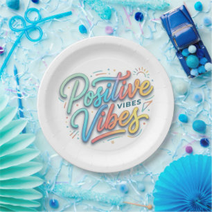 Modern Colourful Positive Vibes Typography Art Paper Plate