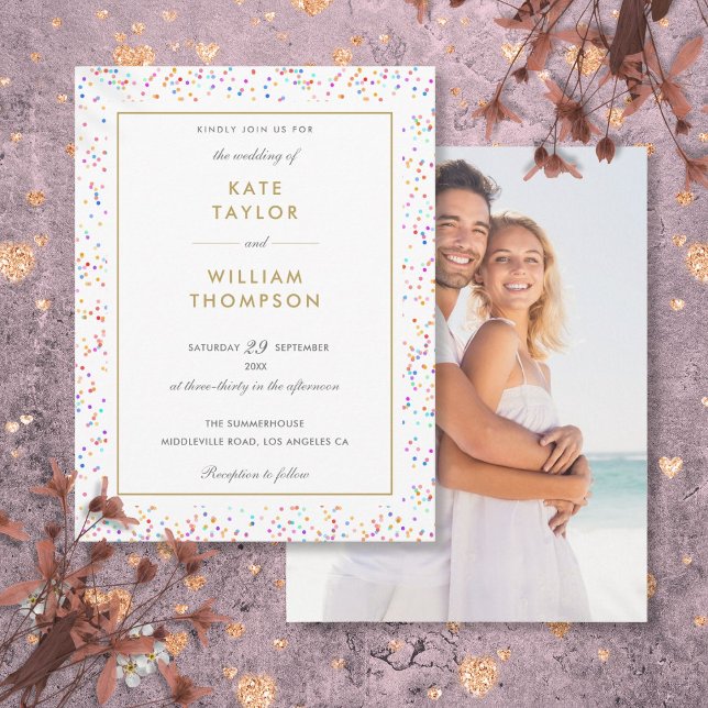 Modern Colourful Rainbow Confetti Photo Wedding  Invitation Postcard (Modern Colorful Rainbow Confetti Photo Wedding Invitation Postcard)