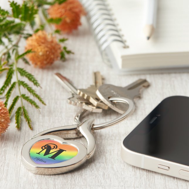 Modern Colourful Rainbow Monogram Key Ring (Side)